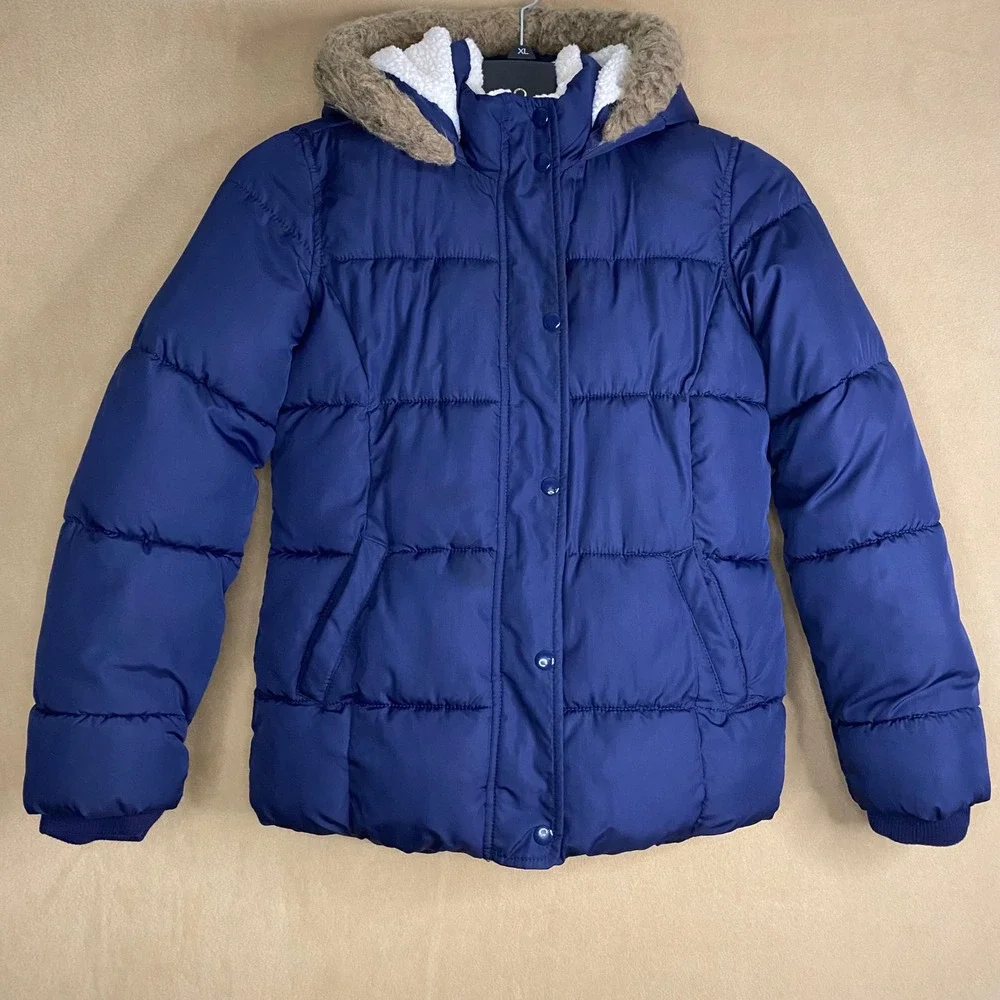 Old Navy Kids Blue Puffer Jacket Hooded Sherpa Lined Winter Coat Size XXL 16